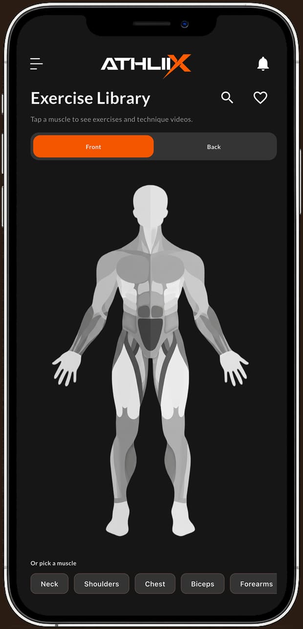 Athliix exercise library, showing an interactive body map for choosing a muscle group
