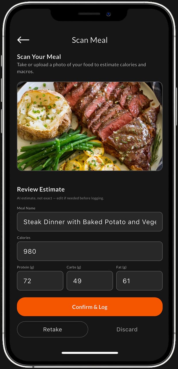 Athliix meal scan reviewing a photographed steak dinner, with an editable calorie and macro estimate